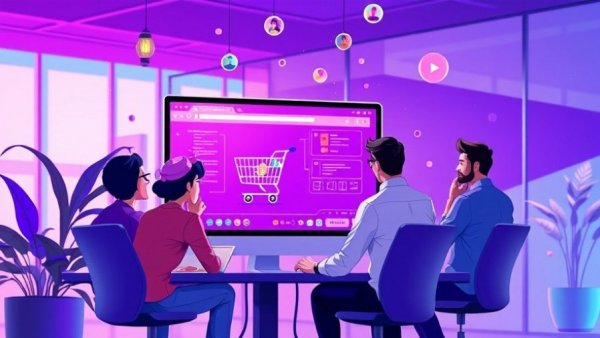 Team designing web platform, vibrant digital setting.