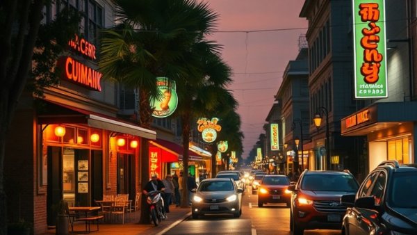 Evening street with restaurants and lights in Triangle Area