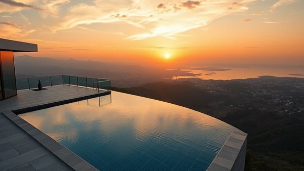 Modern rooftop with infinity pool and sunset view, luxury real estate trends.