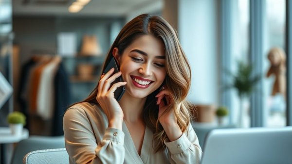 Smiling young woman talking on phone in modern office, Ile de Casino online gaming work setting.