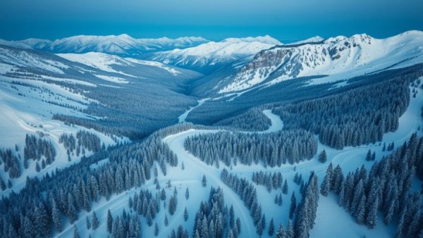 Sundance Mountain Resort snow-covered panoramic view with ski trails.
