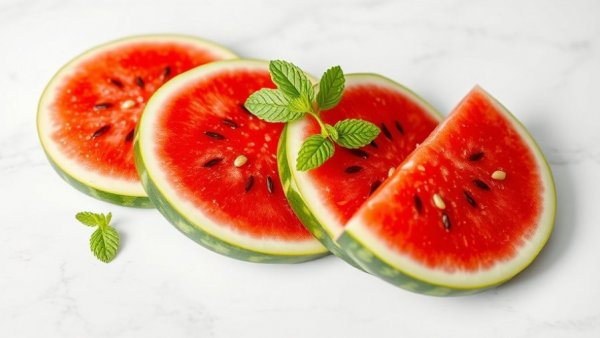 Benefits of watermelon for skin and hair with fresh slices and mint.