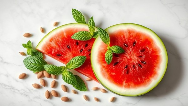 Creative display of watermelon pieces highlighting benefits for skin and hair.