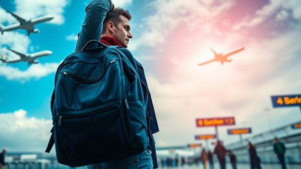 Traveler with backpack highlighting travel backpack issues in airport.