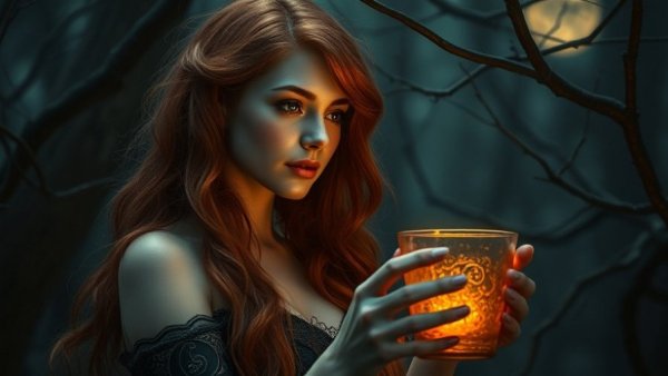 Mystical red-haired witch holding a chalice in an enchanted forest.