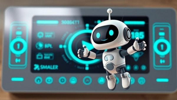 Futuristic robot in a smart home setting, 2026 technology.