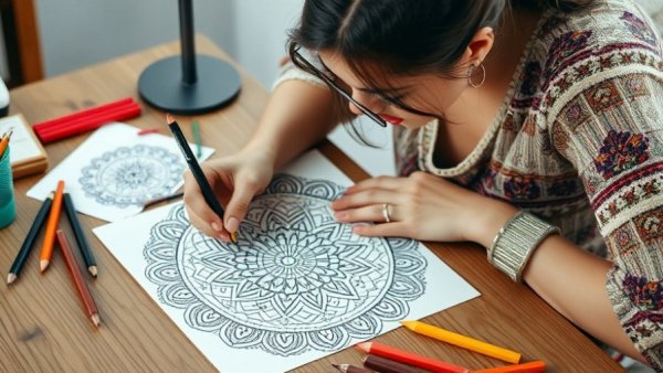 Woman coloring intricate adult coloring pages with pencils