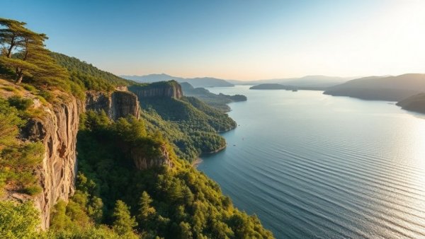 Scenic summer view in Michigan's Upper Peninsula with lush cliffs and lake.