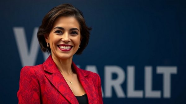 Confident woman smiling in a red suit, Duct Tape Marketing background.