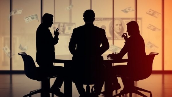 Silhouettes in finance meeting, dollar bill backdrop, optimize per-agent margins.
