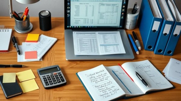 Office desk with bookkeeping essentials; steps to start a bookkeeping business.