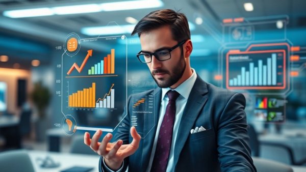 Businessperson interacting with digital marketing interface showing ad changes