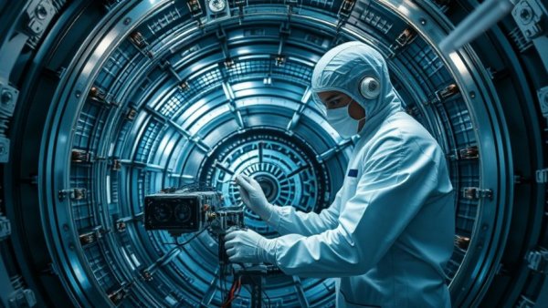 Technician assembling fusion reactor chamber, illustrating fusion startup timeline.