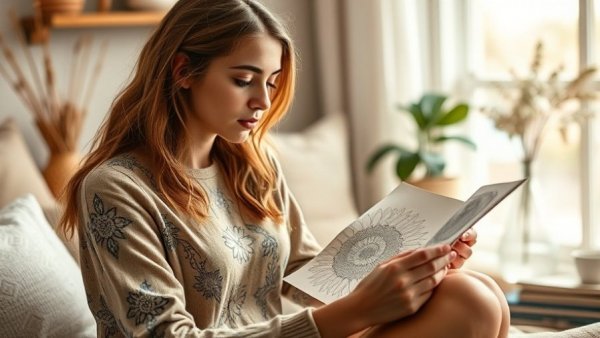 Young woman coloring stress relief page, creating mindfulness.