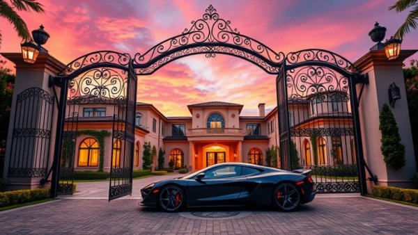 Luxury Mediterranean mansion with sports car at sunset.