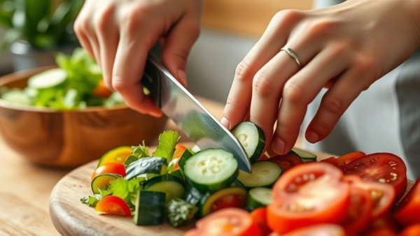 Preparing fresh salad to boost your life expectancy with tomatoes and cucumbers.