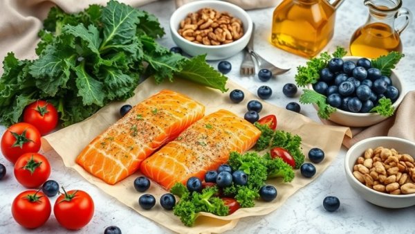 Mediterranean diet ingredients: salmon, greens, nuts, tomatoes, olive oil.