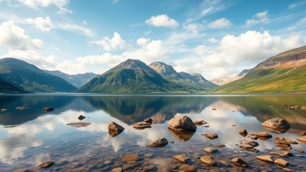Majestic Lake District view for UK travel guide, reflecting mountains.