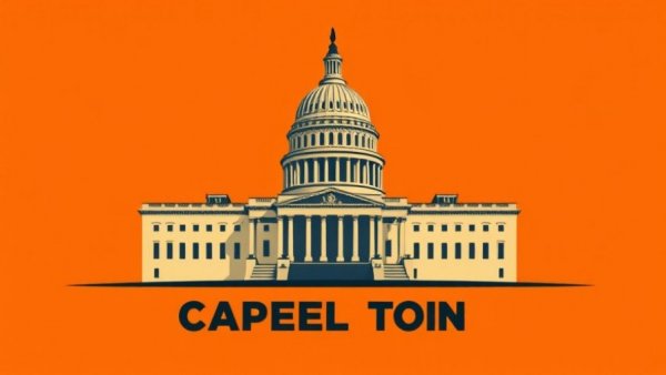 Stylized Capitol illustration with bold orange and text.