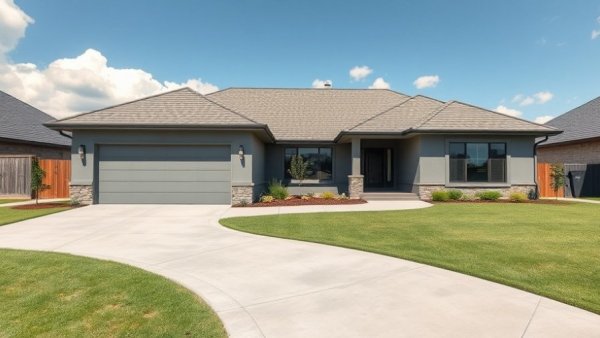 Modern gray house and driveway for homebuyers, sunny day.