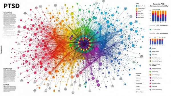 Infographic of PTSD blood biomarkers with colorful data points.