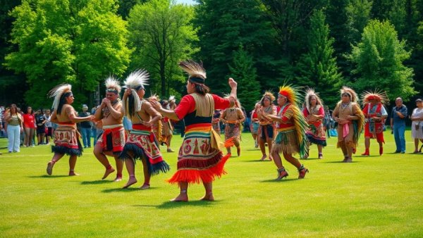 Traditional dance at First Nations village in Quebec City, vibrant regalia.