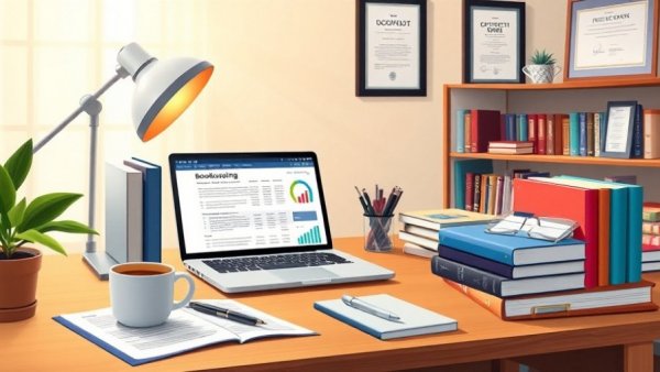 Illustration of a home office desk with a laptop showing online bookkeeping courses.