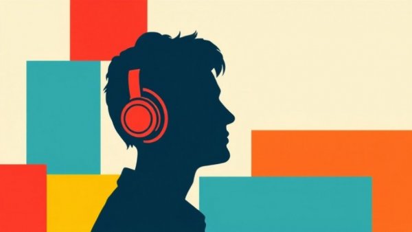 Illustrative podcast theme graphic with headphones and multimedia icons