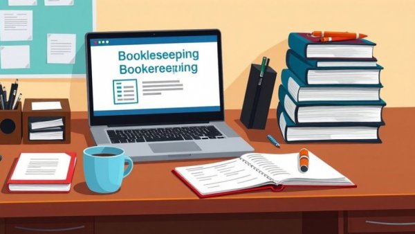Free online bookkeeping courses on laptop with books and notepad.