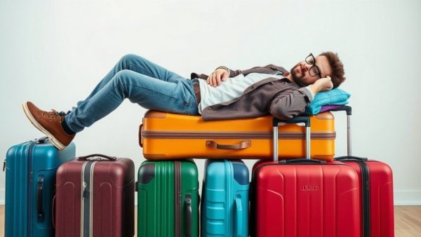 Casual man lying on various luggage in a relaxed pose indoors.