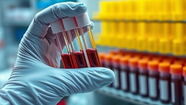 Blood test tubes in a lab for cancer detection research.