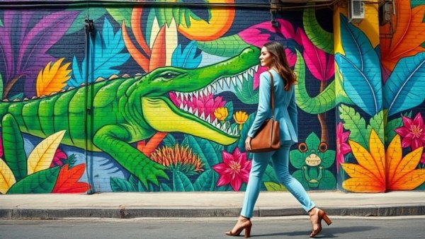 Vibrant Oslo street art with woman walking by colorful mural.