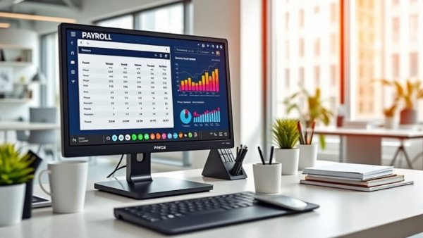 Payroll software on office desk in USA workspace, vibrant setup.