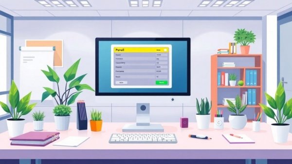 Cartoon office desk with payroll software interface in vibrant workspace.