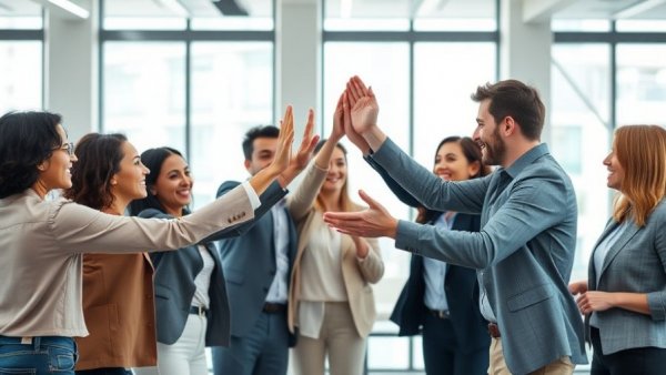Emotional Intelligence in Leadership shown by a diverse team celebrating in an office.