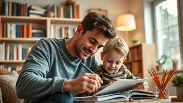 Father and son coloring together for Father's Day in a cozy room.