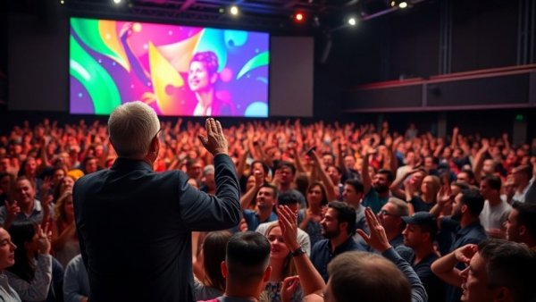 Dynamic motivational speaker engaging audience in vibrant auditorium.