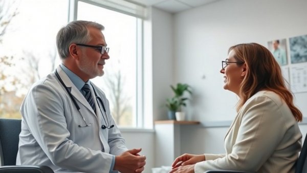 Doctor and patient in modern clinic discussing health, large window view.