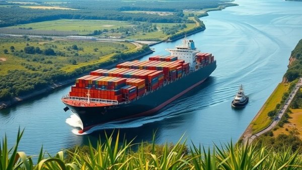 Container ship navigating Panama Canal highlighting global trade.