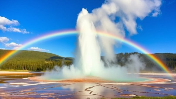 Yellowstone Hidden Gems: Geyser with rainbow in national park.