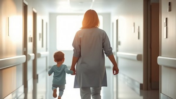 Mother and child walking in a hospital corridor, symbolizing health insurance challenges.