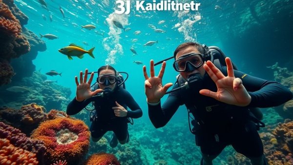 Divers exploring underwater coral reef, vibrant sea life.