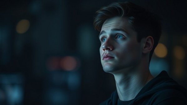 Contemplative young man discussing AI and recruitment in a cinematic setting.