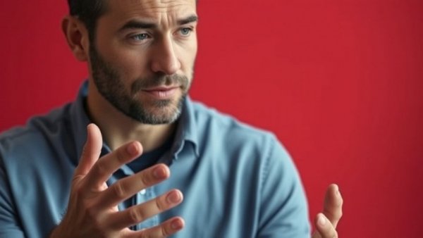 Engaged man explaining electronics concepts, vibrant red backdrop.