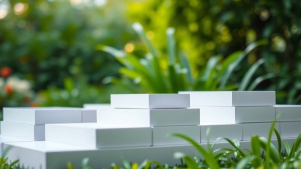 Sleek white packaging boxes in a natural garden setting