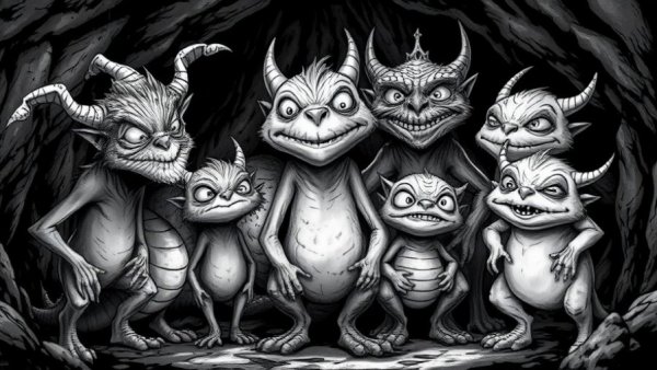 Fantastical creatures with whimsical expressions in dark cave, black and white.