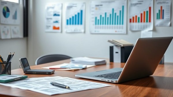 Organized office setup with financial charts for small companies