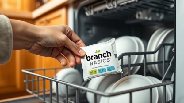 Branch Basics dishwasher tablet being placed in dishwasher, showcasing eco-friendly products.