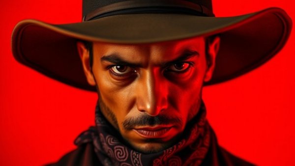 Close-up portrait with hat and bandana, red background in Outlaws Never Die Tour theme.