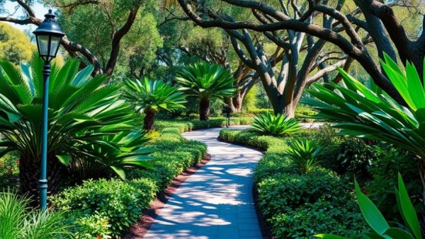 Lush Florida garden path under bright sun during May festival.